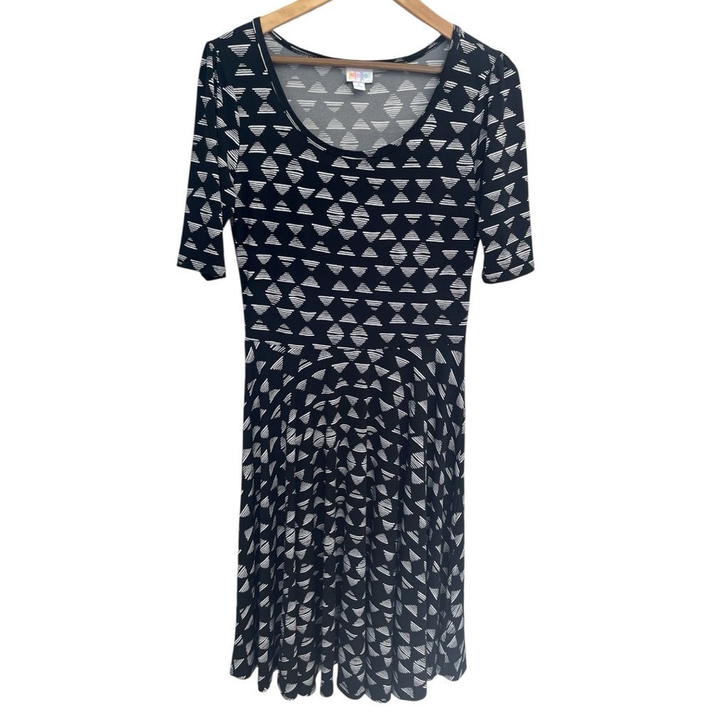 LuLaRoe Black and White Geometric Patterned Midi Dress Flowy 3/4th Sleeves Large